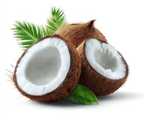 Two Halved Coconuts With Palm Leaves On White Background