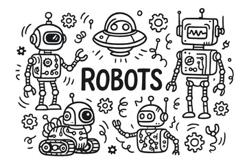 Futuristic Robot Doodles. Doodle futuristic robots with gears, wires, and antennas, center word “Robots” in black and white