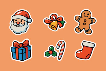 Christmas Icon Set with Santa Claus, Gift Box, Candy Cane, Bell, Gingerbread Man and Stocking