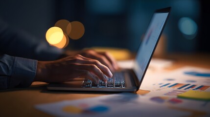 Illuminated by warm bokeh lights, hands are actively typing on a laptop keyboard in a dim office setting; various charts and documents are scattered across the desk surface, suggesting a late work...