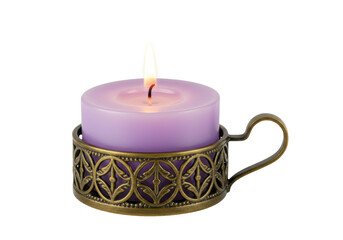 Burning purple candle in ornate bronze holder isolated, aromatherapy and home decor element on transparent background