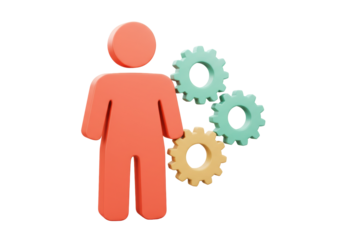 Orange person icon with gears isolated PNG, business process automation and workflow management concept on transparent background