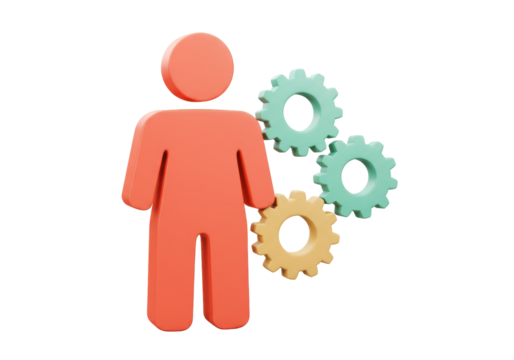 Orange person icon with gears isolated PNG, business process automation and workflow management concept on transparent background