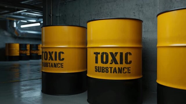 Yellow barrels labeled toxic substance stand in an industrial space, highlighting safety protocols necessary for handling hazardous materials and protecting workers