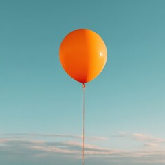 Single Orange Balloon Floating Against Clear Blue Sky and Wispy Clouds