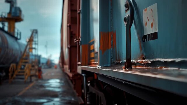 Detailed medium shot of a cargo car exterior being repainted with the main section crisp and vibrant contrasted by a blurred industrial setting in the background.