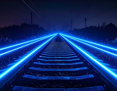 Glowing Neon Blue Train Tracks at Night Futuristic Transportation Concept