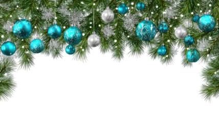 Christmas decoration border with festive ornaments lights holly branches baubles winter celebration seasonal frame element isolated on white background