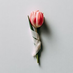Single Pink Tulip Flower with White Ribbon on a White Background