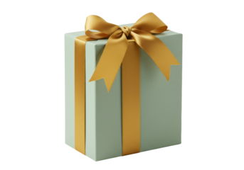 Elegant light green gift box with golden ribbon isolated, present for special occasions and celebrations