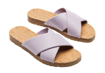 Pair of lavender criss-cross slide sandals isolated on transparent background, stylish summer footwear for women in PNG format