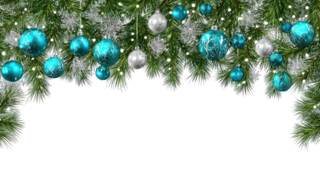 Christmas decoration border with festive ornaments lights holly branches baubles winter celebration seasonal frame element isolated on white background