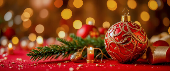 Christmas ornament and festive decorations on a red surface with bokeh lights.