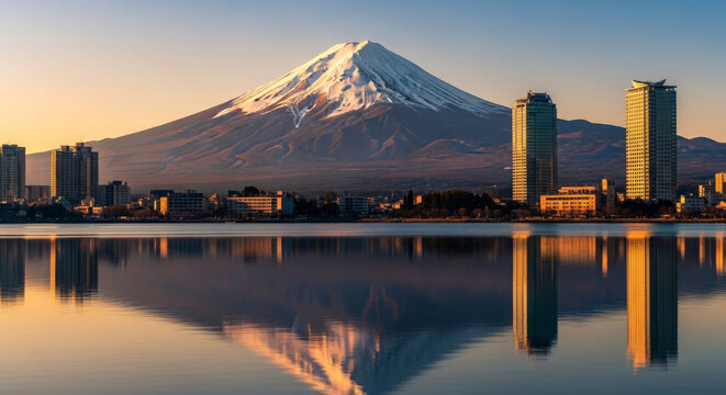 Majestic Mount Fuji Reflects in Calm Lake with Modern City Skyline