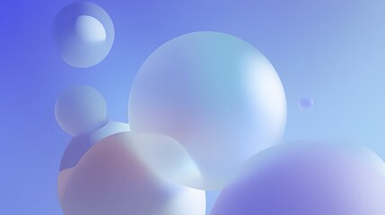 Soft 3D iridescent spheres floating on gradient blue background, minimalist abstract design with pastel holographic glow for modern futuristic style