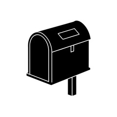 Isometric black mailbox with a small window on top and a small post on the bottom side view image on transparent background silhouette