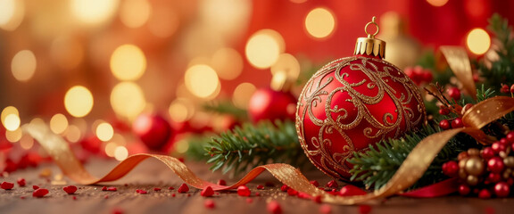 Festive Christmas ornament with golden details and ribbon.