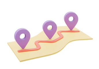 Route map with location pins isolated on transparent background, 3D rendering of destination points and path for travel and navigation