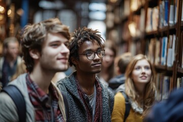 Fototapeta premium Students explore a library filled with endless rows of books and knowledge. Perfect for educational campaigns or illustrating the pursuit of knowledge.
