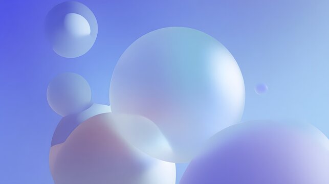 Soft 3D iridescent spheres floating on gradient blue background, minimalist abstract design with pastel holographic glow for modern futuristic style