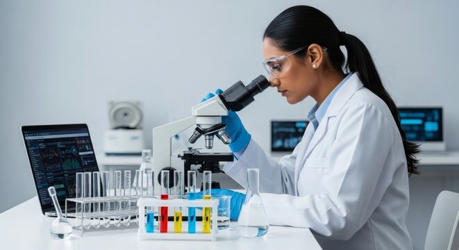 Female scientist in a modern laboratory conducting biotechnology research, analyzing samples with a microscope and computer data