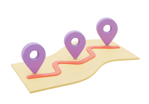 Route map with location pins isolated on transparent background, 3D rendering of destination points and path for travel and navigation