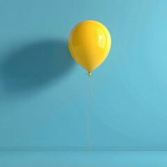 Single Yellow Balloon Floating Against Turquoise Background with Shadow