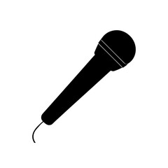 Illustration of a black microphone with a visible cord against a white background image shown here on transparent background silhouette