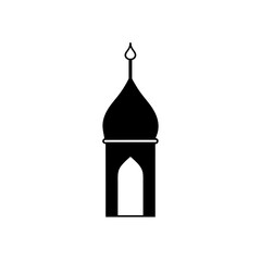 Obraz premium Silhouette of a mosque minaret with a dome and a spire on top against a white background isolated view on transparent background