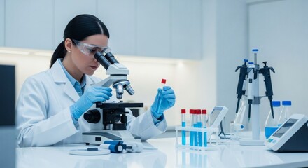 A dedicated female scientist conducting advanced medical research in a modern laboratory, analyzing a sample through a microscope
