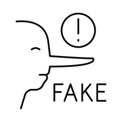 Icon representing the concept of fake news with a simplistic line drawing of a character showing deception and a warning sign