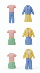 A vibrant set of stylized 3D rendered miniature fashion ensembles, showcasing various casual clothing combinations on a clean white background
