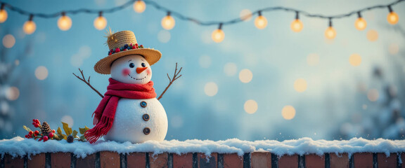 Festive snowman with a hat and scarf on a snowy winter day