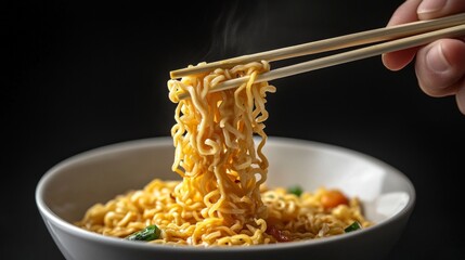 A person eats noodles with chopsticks, steam rises from the dish — culinary blogs, advertisements for Asian cuisine, restaurant menus.