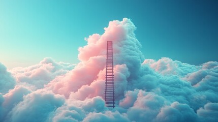 A staircase in the sky among the clouds against the backdrop of a sunset symbolizes the pursuit of dreams. Suitable for motivational posts and covers of self-help books.