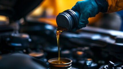 Oil is poured from a canister into the engine, car maintenance, useful for articles on car repair and advertising for car service centers.