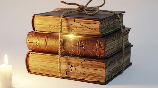 A stack of three old leather-bound books tied with twine one glowing set beside a lit candle on a plain surface