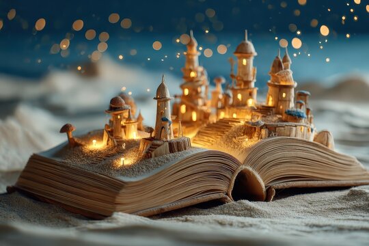 Miniature castle on open book, sand and glowing lights add magic. Evokes wonder, great for fantasy, children's content, and creative projects.