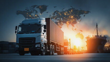 Double exposure of Twilight view of Container truck in ship port for business Logistics and transportation of Container Cargo ship and Cargo plane with working crane bridge with Earth and world map