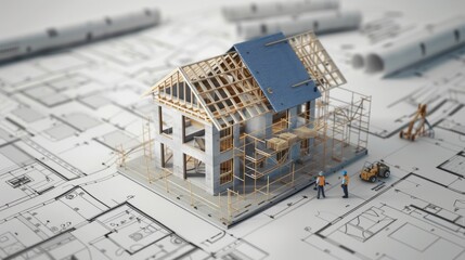 A miniature model of a house on construction drawings with workers—useful for articles on construction, architecture, and residential building design.