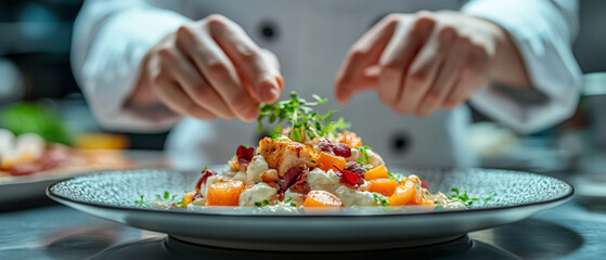 Culinary art: the chef decorates the dish with fresh herbs, bright colors, and appetizing presentation to enhance the atmosphere of restaurants and cooking classes.