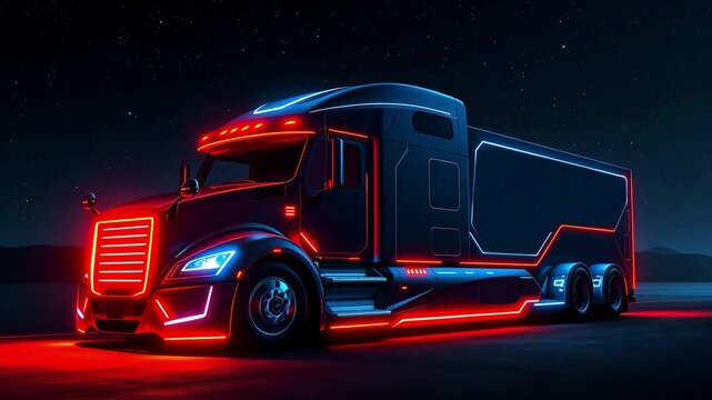 A neon truck drives along the highway at night. Concept of large-sized cargo transportation, delivery of goods, driving on an intercity road. Neon light illuminates the way