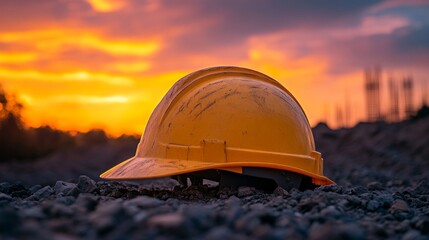 A yellow safety helmet against the backdrop of a sunset and a construction site symbolizes safety and labor on a construction site — for publications about construction, industry, occupational safety 