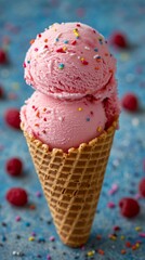 Ice cream in a waffle cone with colorful sprinkles on a blue background.
Symbolizes pleasure, summer joys, and desserts. Suitable for advertising food products, culinary blogs, and summer promotions.