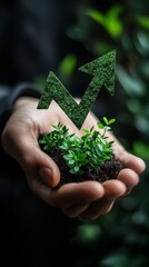 Hands hold a sprout with green leaves and a growth arrow coming out of the ground.
Perfect for articles about growth, development, ecology, sustainable future 