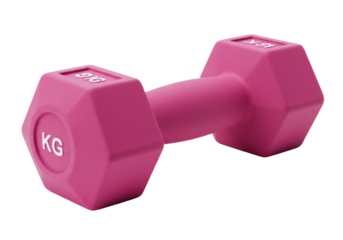 Pink dumbbell isolated on transparent background, fitness equipment for strength training and exercise in PNG format