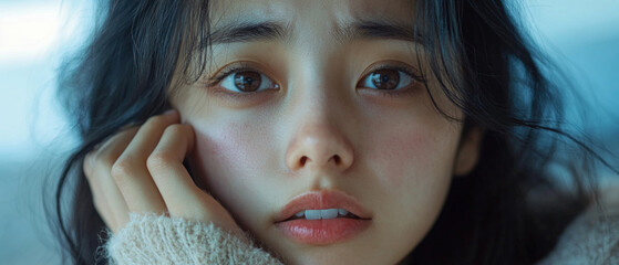 A girl with red spots on her face, black hair, and a sad look propped her head up with her hand.
Can be used in materials about skin diseases, stress, psychological conditions, or health problems.