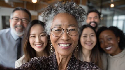 Obraz premium Smiling diverse colleagues take a selfie together indoors at the office. Showcase teamwork, inclusivity, and positive company culture concepts.