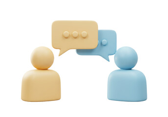 Two 3D people figures with speech bubbles isolated on transparent background, communication concept in pastel colors PNG