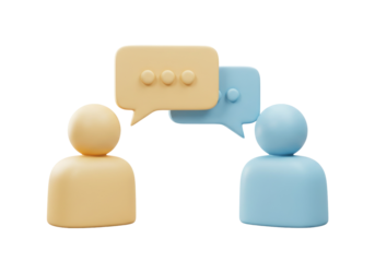 Two 3D people figures with speech bubbles isolated on transparent background, communication concept in pastel colors PNG